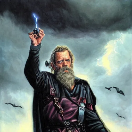 Prompt: hugh laurie as odin, a leather eyepatch covering his left eye, a raven on his shoulder, dark dramatic background, stormy clouds, lightning, very detailed painting by Glenn Fabry