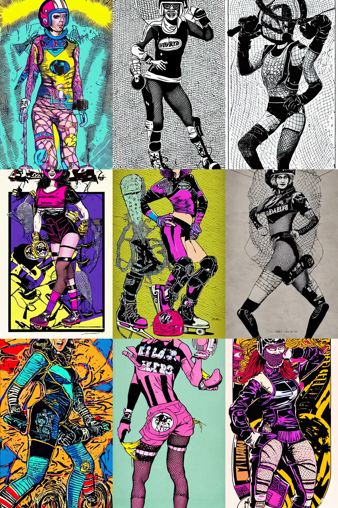 Prompt: roller derby girl, full length portrait, logo, wearing skating helmet, wearing torn fishnet tights, showing victory, Philippe Caza, 2 colour print