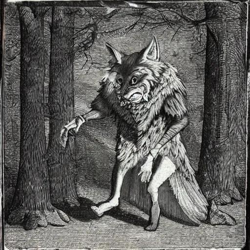 Image similar to werewolf wearing fancy clothes, featured on artstation, photograph captured in a dark forest in early 1 4 0 0 s