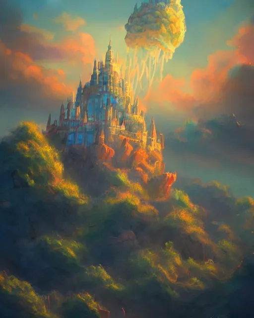 Image similar to flying cloud castle, bubble buildings, illustration, bright, blue sky, mountains, colorful, cinematic lighting, fantasy, high detail, masterpiece, artstation, 4 k, art by wylie beckert