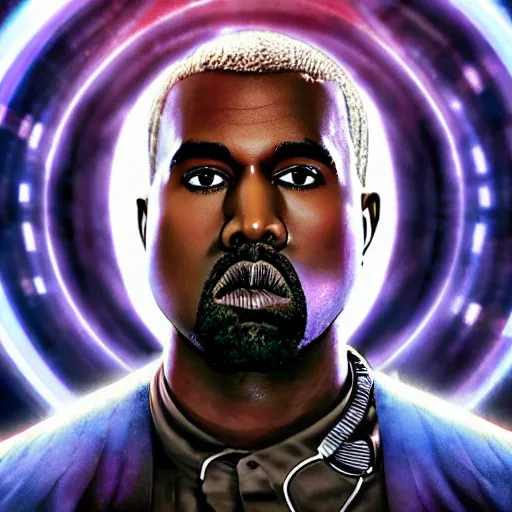 Image similar to a full body photograph of kanye west as'doctor who ', time vortex in the background, detailed face, symmetrical face, extreme realism and detail, 8 k, completely framed, direct lighting, 3 5 mm photo, photorealistic, sharp focus