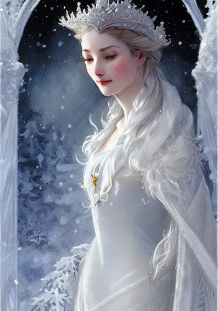 Prompt: snow queen in ice dress, intricate, elegant, highly detailed, digital painting, artstation, concept art, smooth, sharp focus, illustration, art by artgerm and greg rutkowski and alphonse mucha and william - adolphe bouguereau