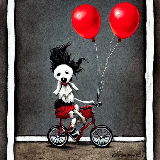 Image similar to grunge painting of a dog riding a bike with a wide smile and a red balloon by chris leib, loony toons style, pennywise style, corpse bride style, horror theme, detailed, elegant, intricate