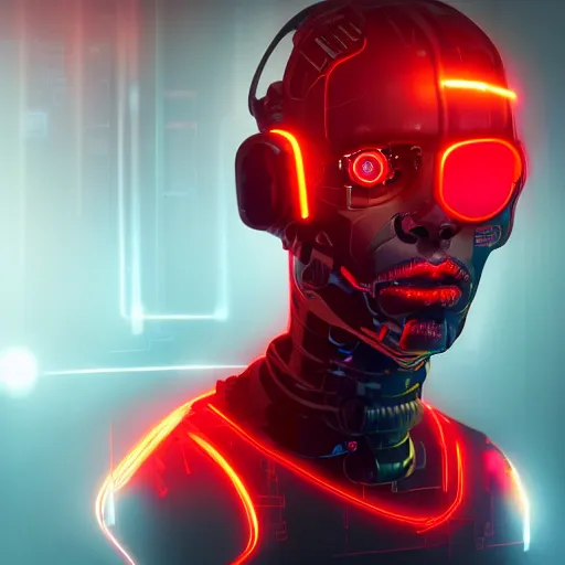 Prompt: a Portrait of a cyborg, red glowing eyes, by Sam Spratt, by Vlad Rodrig﻿u﻿e﻿z, computer screens in the background, trending on Artstation, dark, dramatic, cinematic, realistic studio lighting, realistic reflections, 4k, professional, canon
