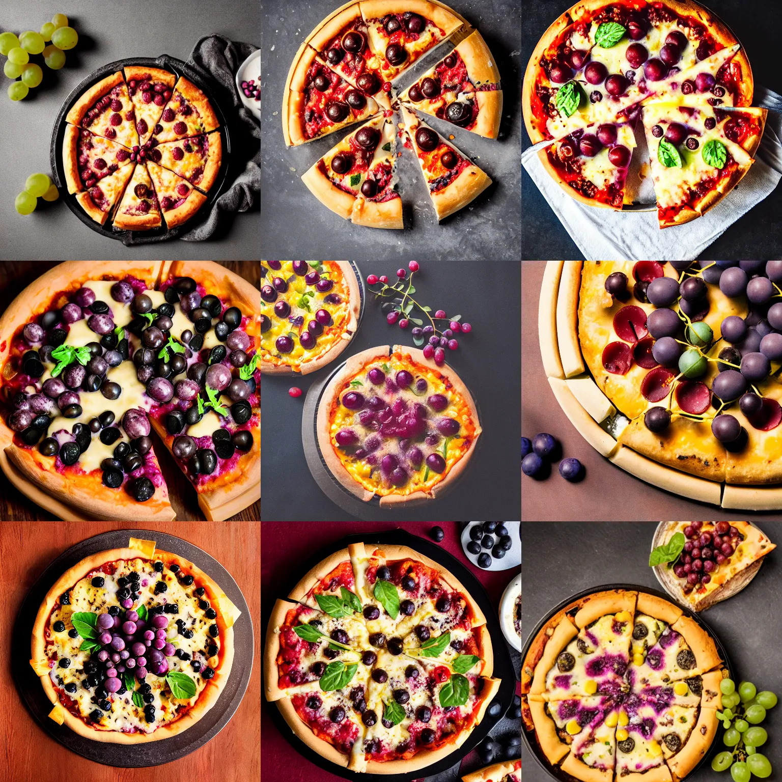 Prompt: grapes and rocks in a cheesy chicago deep dish pizza, professional food photography