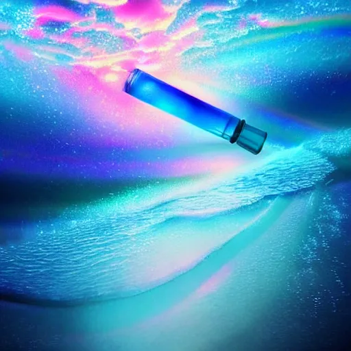 Prompt: blue perfume bottle surrounded by turquoise water droplet and galactic waves, lonely world still shining through faintly rainbow led lights, beautiful surreal scenery artwork pixiv. soul dust. unthinkable dream sublime god lighting, sun rays, cold colors. insanely detailed, artstation!! pixiv!! infinitely detailed created by god