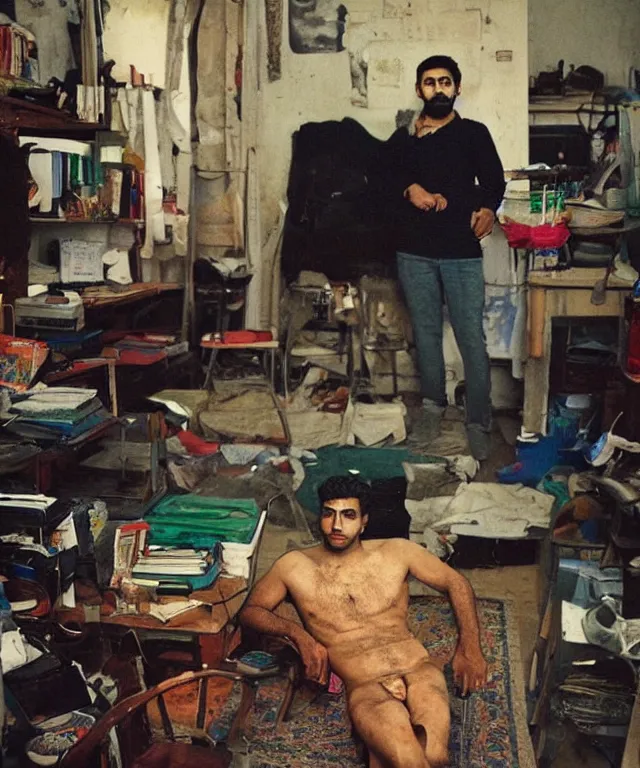 Image similar to a color photograph of persian young man in his workplace, by nan goldin, out of place, intense, bold, exaggerated, over proportion, hyperrealistic, ultra sharp, extra details, ultra high quality, trending on pinteresst