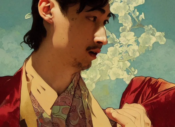 Image similar to Filthy Frank wearing red luxuruous hawaiian vintage shirt, rule of thirds, accurately portrayed, portrait art by alphonse mucha and greg rutkowski, highly detailed, digital painting, concept art, illustration, ethereal lighting with twilight rays of sunlight, trending on artstation, very detailed, smooth, sharp focus, octane render, close up