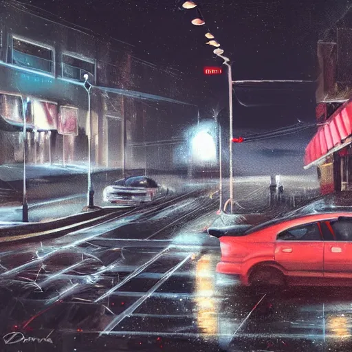 Prompt: deepfake video starts ww3, concept art, digital painting, artwork by cornelius dämmrich, night scene, urban hellscape, wet asphalt, parking lot,