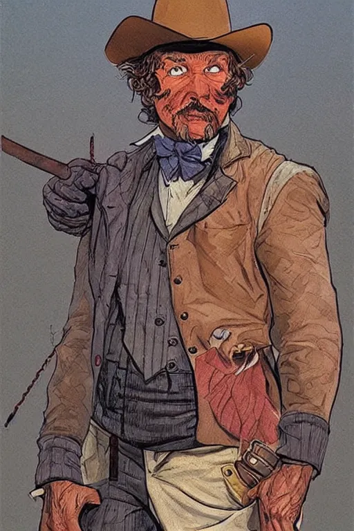 Image similar to jimmy. Smug old west circus sharpshooter. concept art by James Gurney and Mœbius.