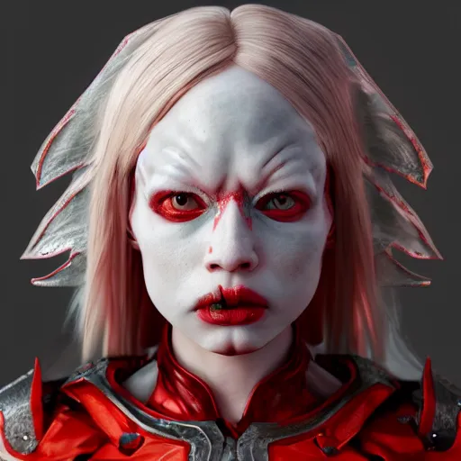 Image similar to albino girl in a ornated armor pagan facepaint, dynamic pose, detailed, photograph, award wining, red and white, trending on artstation, 4 k, unreal engine 5, octane render, neon highlights