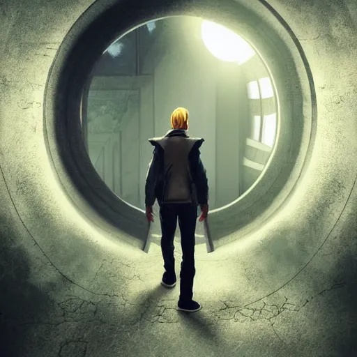 Prompt: a man walking into the portal, concept art, illustration, highly detailed, artwork, cinematic, hyper realistic, art station