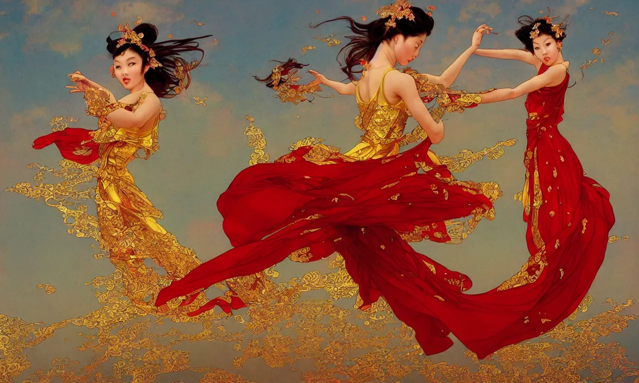 Prompt: chinese princess, dance, fairy, beautiful, stunning, red and gold dress, spinning in the sky, by stanley artgerm lau, greg rutkowski, victo ngai, alphonse mucha, loish, norman rockwell