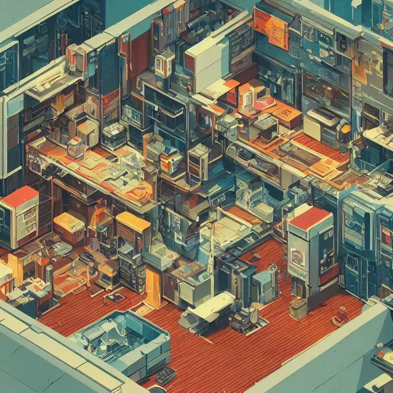 Image similar to isometric view illustration of a interior of a Cyberpunk apartment, highly detailed, by James Gilleard and Bruce Pennington