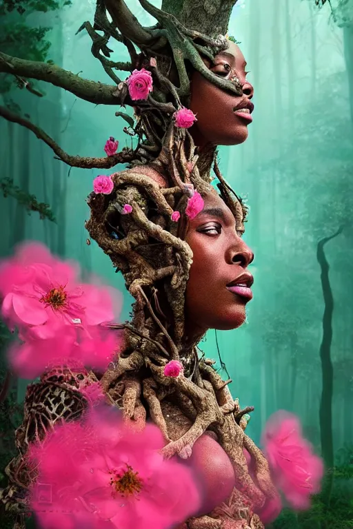 Image similar to hyperrealistic neo - rococo cinematic super expressive! yoruba goddess with exoskeleton armor, merging with tree in a forest, pink red flowers, highly detailed digital painting masterpiece, smooth cam de leon eric zener dramatic pearlescent soft teal light, ground angle hd 8 k, sharp focus