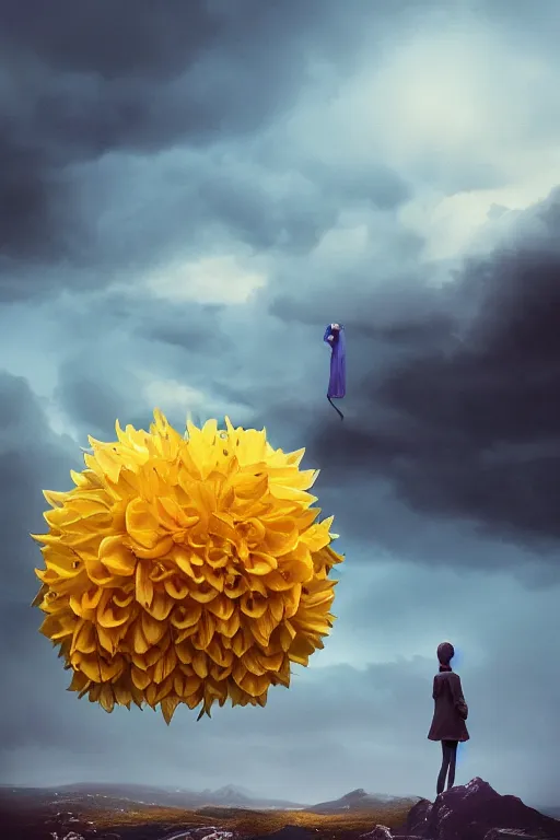 Image similar to closeup girl with huge yellow dahlia flower face, intricate, standing on mountain, surreal photography, blue storm clouds, dramatic light, impressionist painting, digital painting, artstation, simon stalenhag