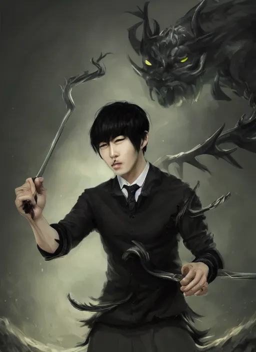 Prompt: a highly detailed illustration of attractive korean man with bowl cut black hair wearing shirt and tie with foggy giant black mist claws, wielding giant black mist claws pose, tired expression, black mist surrounding background, intricate, elegant, highly detailed, centered, digital painting, artstation, concept art, smooth, sharp focus, league of legends concept art, wlop.