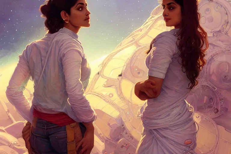 Image similar to Sensual good looking pale young Indian doctors wearing jeans in a space station above Earth, portrait, elegant, intricate, digital painting, artstation, concept art, smooth, sharp focus, illustration, art by artgerm and greg rutkowski and alphonse mucha