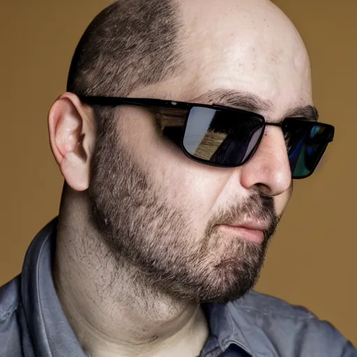 Prompt: High resolution!! Typical bald experimental electronic musician at laptop!! profile picture, 8K, Canon