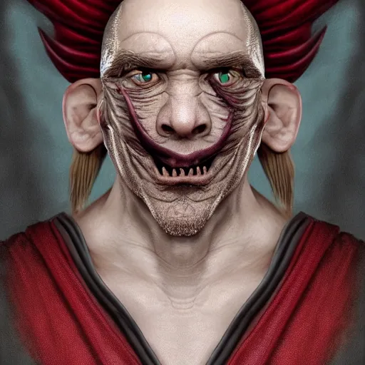 Prompt: portrait of a 5 0 - year - old draconic man with a bold head and shave face with scar on his face, wearing a simple robe, hyper realistic face, beautiful eyes, character art, art by mark brooks, hyperdetailed, cryengine, trending on artstation, digital art