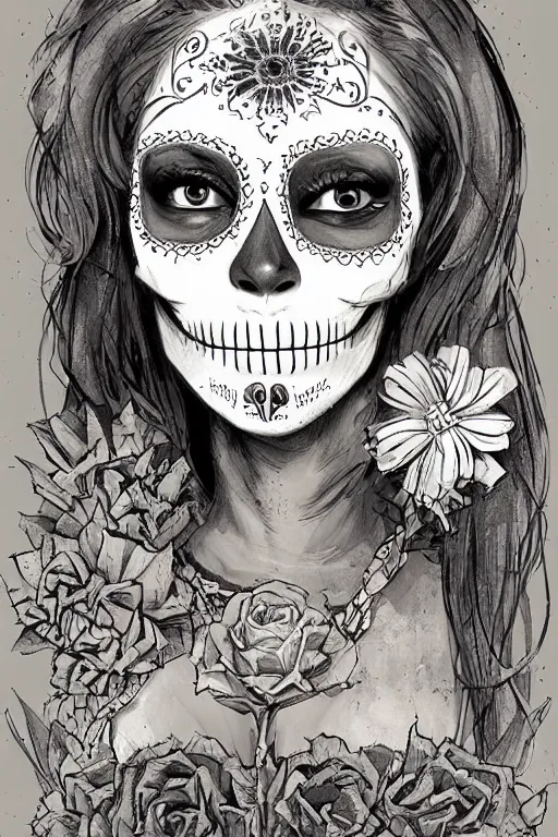 Prompt: Illustration of a sugar skull day of the dead girl, art by ian mcque