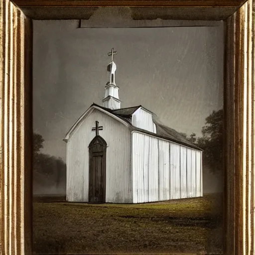 Image similar to picture of an old wooden white church, 1 9 th century southern gothic scene, made by lagerstedt, mikko