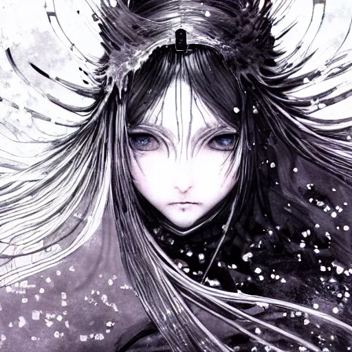 Image similar to Yoshitaka Amano blurred and dreamy illustration of an anime girl with black eyes, wavy white hair and cracks on her face wearing elden ring armour with the cape fluttering in the wind, abstract black and white patterns on the background, noisy film grain effect, highly detailed, Renaissance oil painting, weird portrait angle