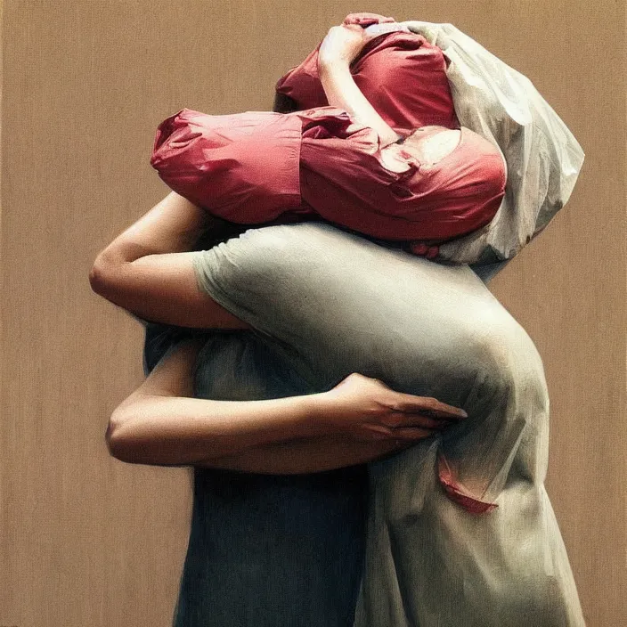 Prompt: two women hugging with a paper bag over the head dressed in plastic bags, highly detailed, artstation, art by, , edward hopper, Zdzislaw Beksinski, highly detailed