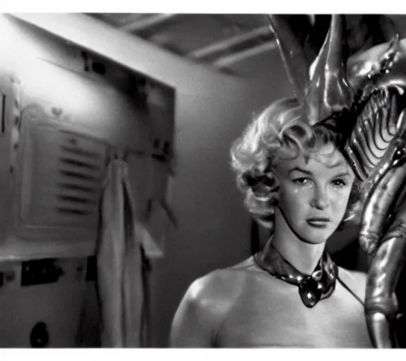 Image similar to a movie still of marlin monroe in the movie alien running from a xenomorph, fear, led lights, panic