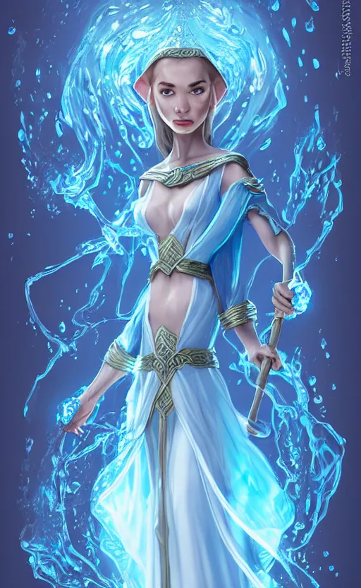 Image similar to elf female sorcerer doing water magic spells, blue robes, exquisite details, full body character design on a white background, by studio muti