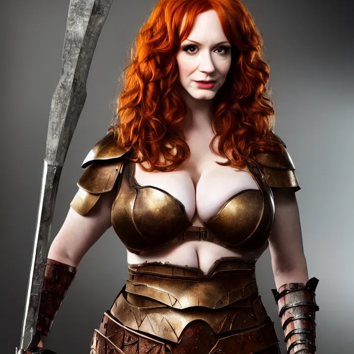 Prompt: full length photograph of a real-life christina hendricks as a amazon warrior, Extremely detailed. 8k