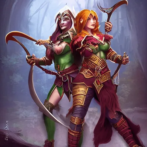 Image similar to female half-elf bard with Orc fighter, Jade, dungeons and dragons, amazing detail, character concept art, illustration, fantasy, 4k