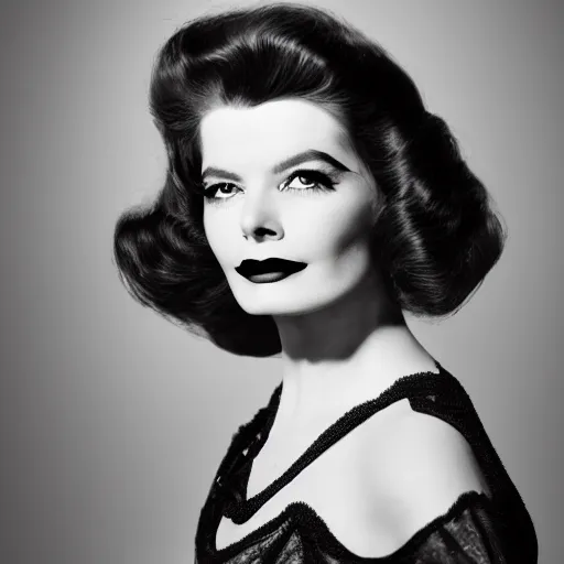 Image similar to a fashion photo portrait of a young Katherine Hepburn, full makup, smokey eye, medium shot. In the style of Helmut newton, robert maplethorpe, Stefano Brunesci, Lachlan Bailey, Herb Ritts, Ellen Von Unwerth, Haris Nukem, Sardax, Annie Leibovitz. detailed photo, hd, 4k, trending on artstation, 35mm, f1.8