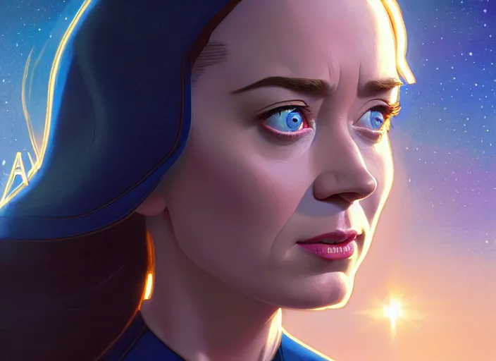 Image similar to a disney film still of emily blunt as a star trek officer, finely detailed features, closeup of the face, perfect art, dusk, blue hour, gapmoe yandere grimdark, trending on pixiv fanbox, painted by greg rutkowski, makoto shinkai, takashi takeuchi, alphonse mucha, akihiko yoshida