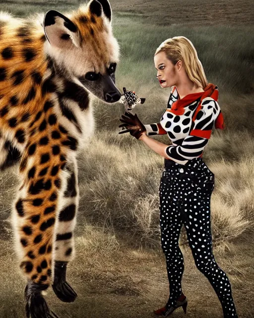 Image similar to Margot Robbie dressed as Harlequin interacts with a playful spotted hyena, HDR, photorealistic, In the style of National Geographic