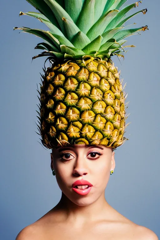 Image similar to doja cat as a pineapple, human face in the shape of a pineapple, professional food photography