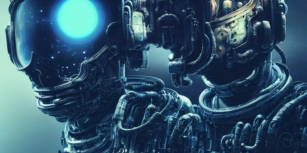 Image similar to hyperrealistic portrait of a cyborg monster astronaut, full body portrait, well lit, intricate abstract. cyberpunk, intricate artwork, by Tooth Wu, wlop, beeple. octane render,in the style of Jin Kagetsu, James Jean and wlop, highly detailed, sharp focus, intricate concept art, digital painting, ambient lighting, 4k,