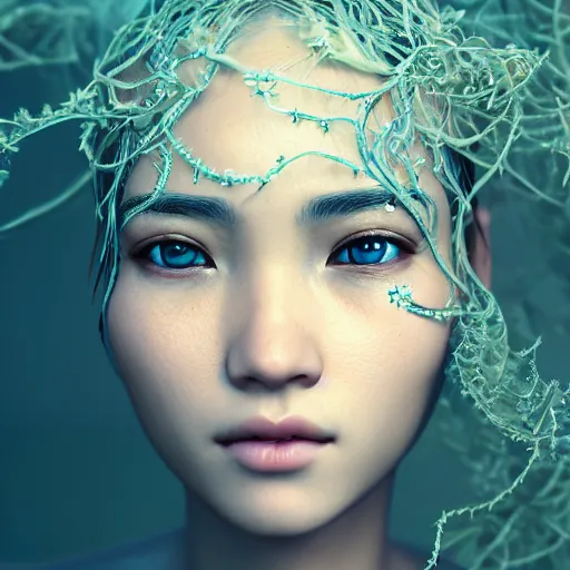 Image similar to intricate highly detailed face portrait of asian - european woman, light blue water vines on her face, intricate, cgsociety, unreal engine, octane render, sharp focus, smooth, volumetric lighting, cinematic composition, artstation