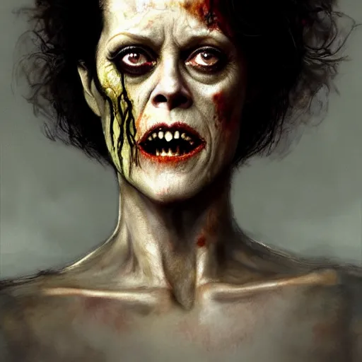 Image similar to color head portrait of sigourney weaver as a zombie, 7 days to die zombie, gritty background, fine art, award winning, intricate, elegant, sharp focus, cinematic lighting, digital painting, 8 k concept art, art by michael hussar, art by brom, art by guweiz and z. w. gu, 8 k