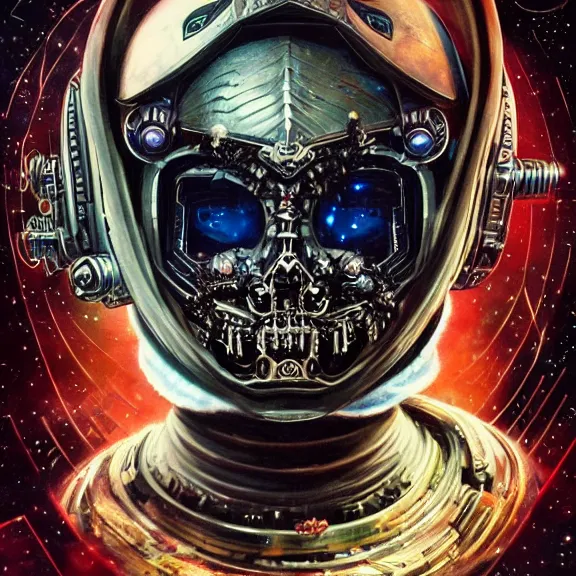 Prompt: a highly detailed space pirate portrait of an interstellar criminal radiating a dark unholy aura, a divine cosmic punisher, ornate black futuristic gothic armor, intricate broken space helmet, VR iridium visor, 8k, by Tristan eaton, Stanley Artgermm, Tom Bagshaw, Greg Rutkowski, Carne Griffiths, Ayami Kojima, Beksinski, Giger, trending on DeviantArt, face enhance, hyper detailed, minimalist, cybernetic, android, blade runner, full of colour,