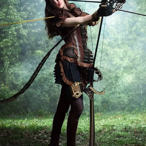 Image similar to photo of alexandra daddario as a steampunk archer, full shot,