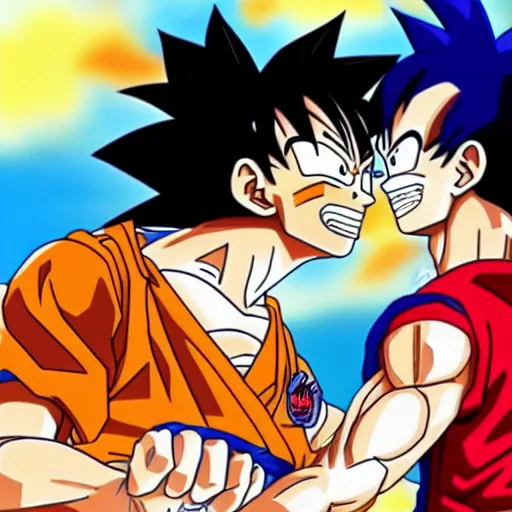 Image similar to goku from dragon ball z kissing luffy from one piece