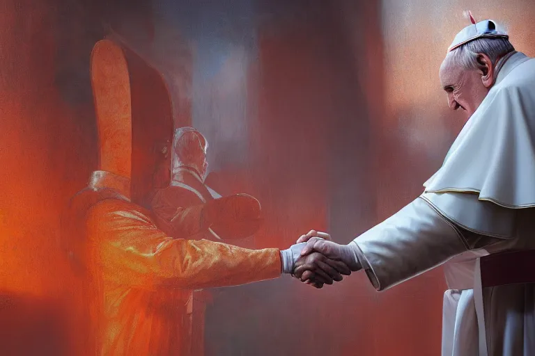 Image similar to the pope shaking hands with the evil, hyper detailed, orange red blue tones dramatic lighting, cgsociety, realistic, hyper detailed, insane details, intricate, dramatic lighting, hypermaximalist, golden ratio, rule of thirds, octane render, weta digital, micro details, ultra wide angle, artstation trending, 8 k