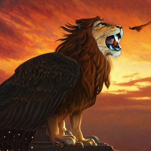 Image similar to a realistic oil painting of a winged lion's body with an eagle!! head, at sunset with a sky full of stars, highly detailed, trending on artstation, by james gurney and michael whelan and krenz cushart and alphonse mucha