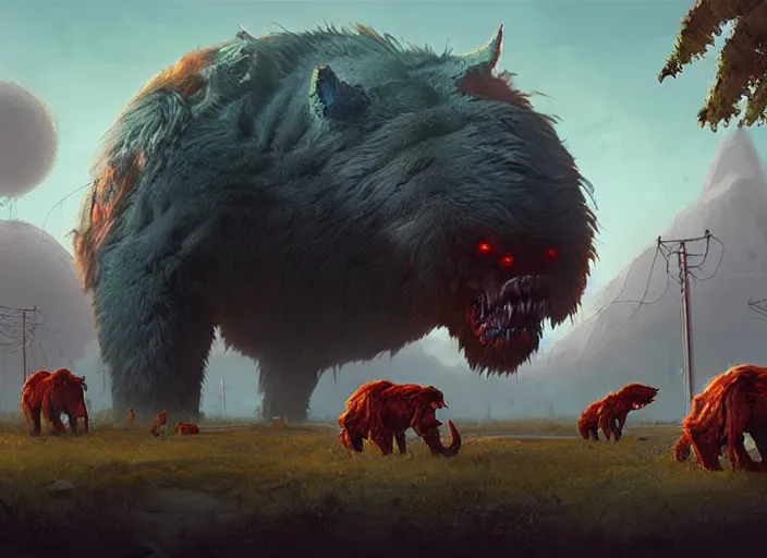 Image similar to giant monstrous aggressive furry creature lurking over a cowering smaller creature, in the foreground a small town, epic science fiction horror digital matte painting by Simon Stalenhag and Mark Brooks (and Greg Rutkowski), extremely detailed, artstation