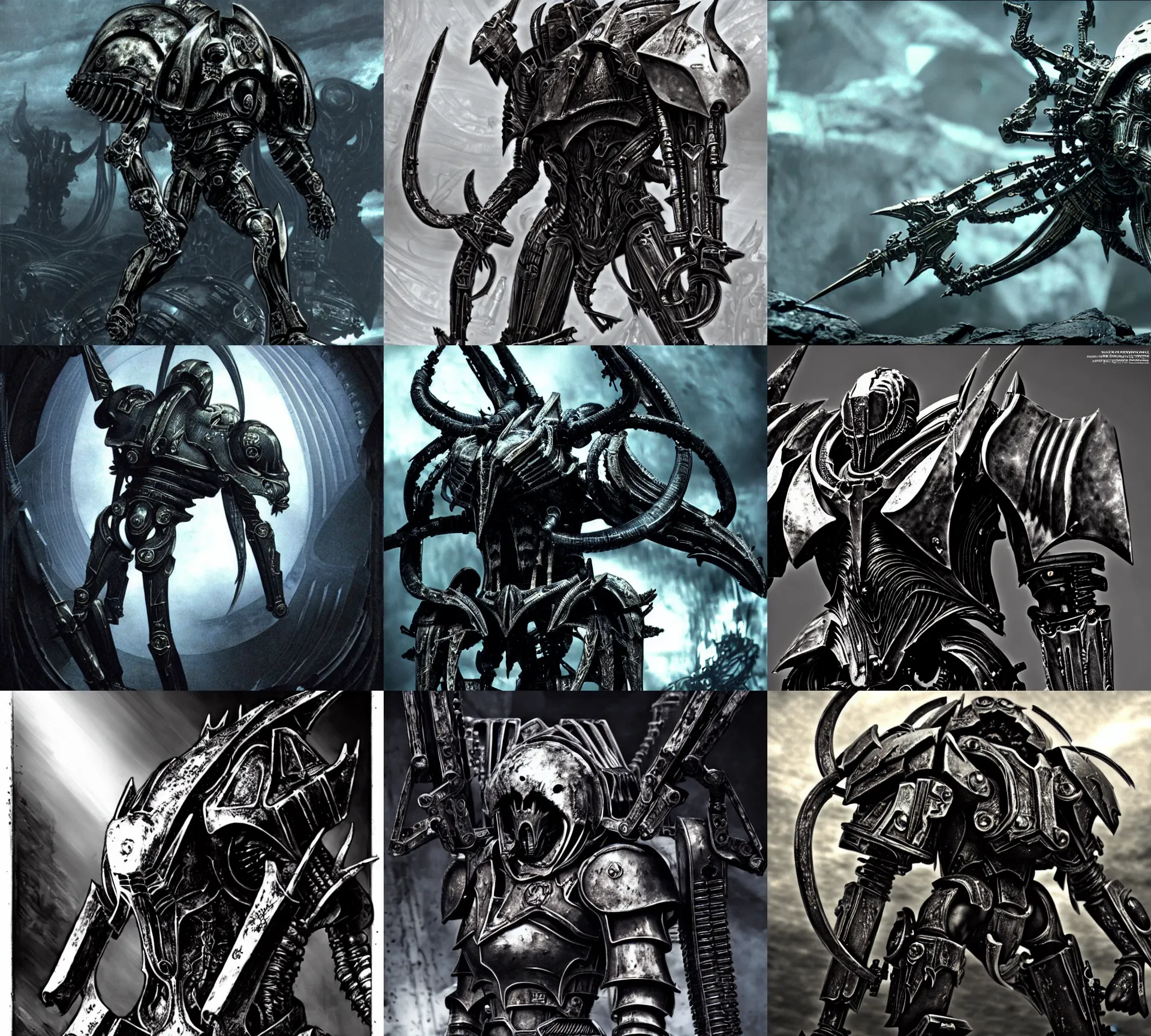 Prompt: frame from prometheus movie, wh 4 0 k art, chaos knight metal couture by giger, knights of sidonia style