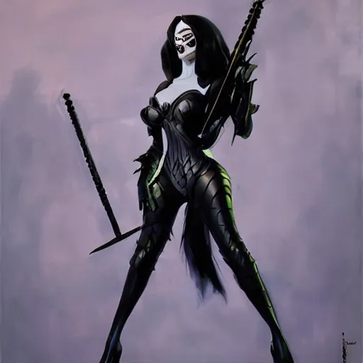 Image similar to greg manchess portrait painting of armored morticia from addams family as overwatch character, medium shot, asymmetrical, profile picture, organic painting, sunny day, matte painting, bold shapes, hard edges, street art, trending on artstation, by huang guangjian and gil elvgren and greg rutkowski