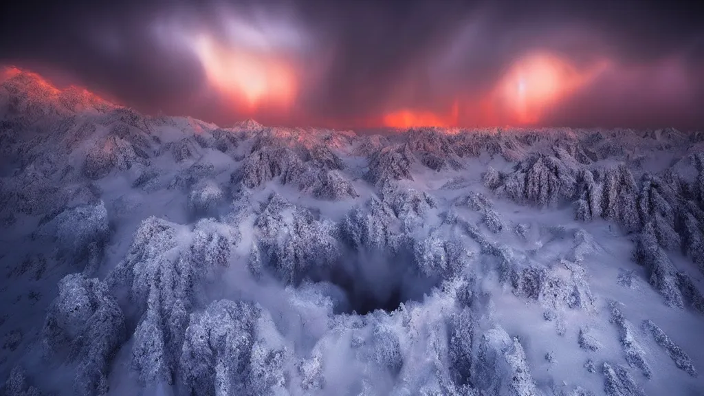 Image similar to amazing landscape photo of a nuclear winter by marc adamus, beautiful dramatic lighting