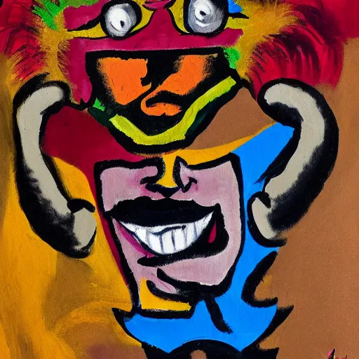 Prompt: expressionist painting of jim helwig the ultimate warrior wearing his signature face paint while lifting a gargantuan plate of tacos over his head, style of otto dix, hans mertens