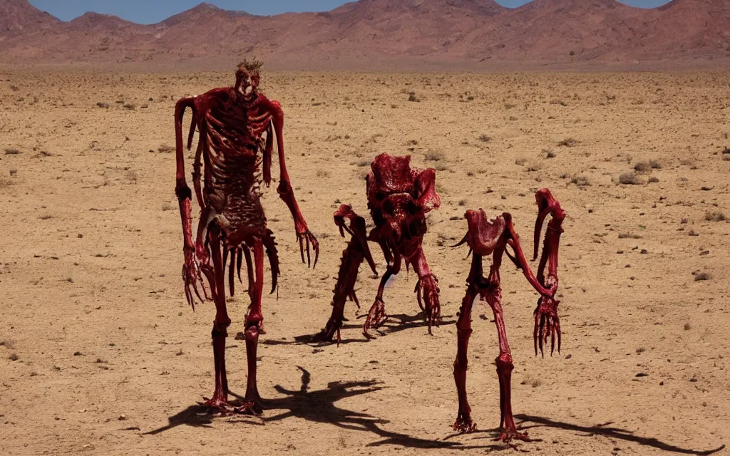 Image similar to in the desert a bloody gross horrifying The Thing creature made of muscle and bone and blood stares at the camera, eating, it walks on two legs, mid day, 35mm photography, realistic,